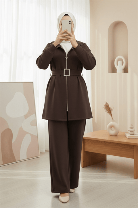 Önü Fermuarlı Kat Detaylı Oysho Takım  -Kahve-Takım-349-7082-R15
