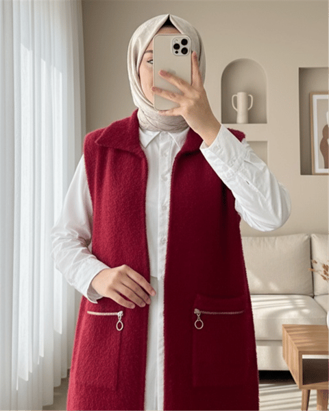 Önü Fermuarlı Torba Cepli Sakallı Yelek -Kırmızı-Yelek-144-735-R33