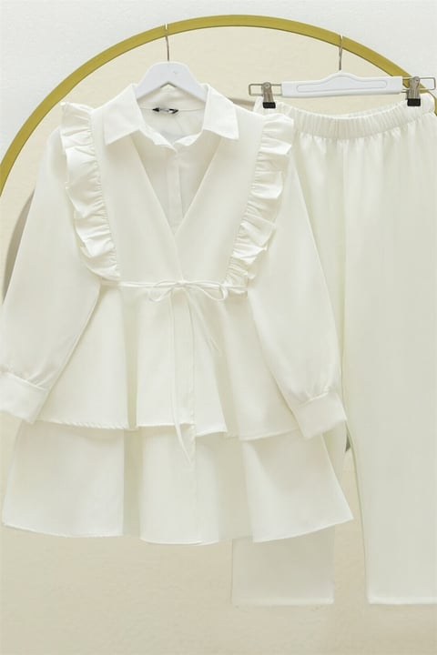 Önü Fırfırlı Bağcıklı Eteği Katlı Pantolonlu Kimono Takım   -Beyaz-Takım-349-7001-R02