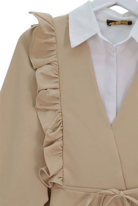 Önü Fırfırlı Bağcıklı Eteği Katlı Pantolonlu Kimono Takım -Bej-Takım-349-7001-R56