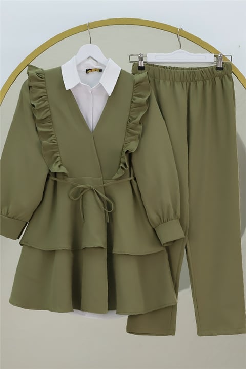 Önü Fırfırlı Bağcıklı Eteği Katlı Pantolonlu Kimono Takım -Haki-Takım-349-7001-R05