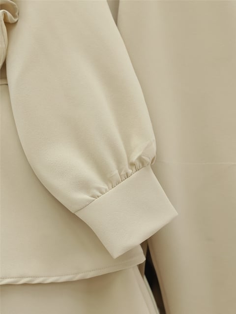 Önü Fırfırlı Bağcıklı Eteği Katlı Pantolonlu Kimono Takım  -Krem-Takım-349-7001-R28