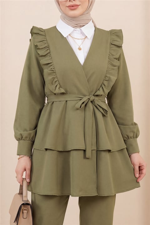 Önü Fırfırlı Bağcıklı Eteği Katlı Pantolonlu Kimono Takım -Haki-Takım-349-7001-R05