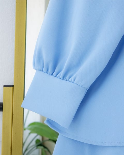 Önü Fırfırlı Bağcıklı Eteği Katlı Pantolonlu Kimono Takım    -Bebe Mavi-Takım-349-7001-R32