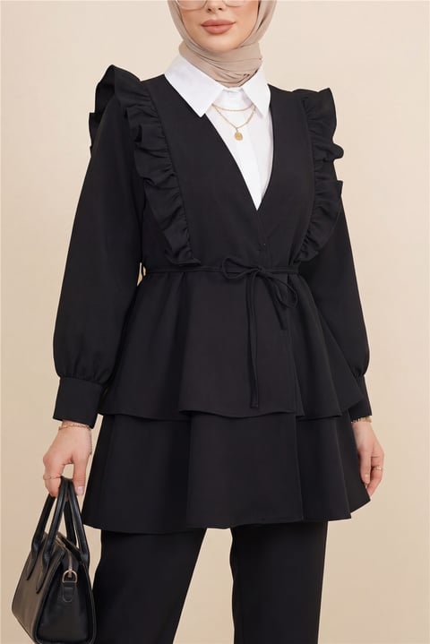 Önü Fırfırlı Bağcıklı Eteği Katlı Pantolonlu Kimono Takım -Siyah-Takım-349-7001-R01