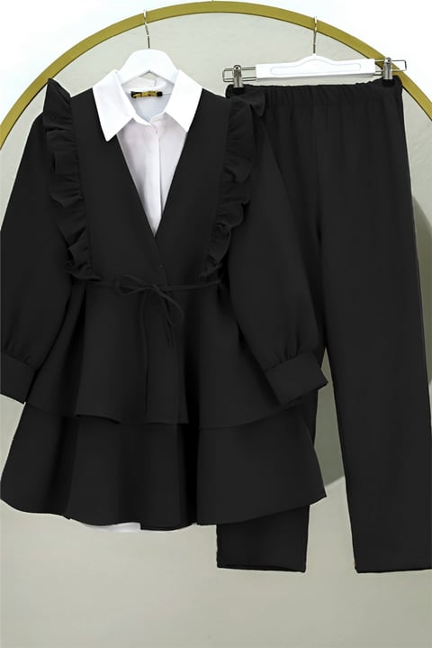 Önü Fırfırlı Bağcıklı Eteği Katlı Pantolonlu Kimono Takım -Siyah-Takım-349-7001-R01