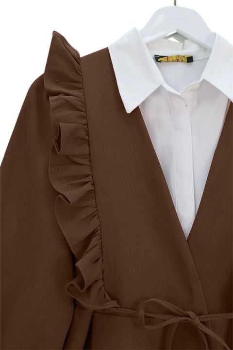 Önü Fırfırlı Bağcıklı Eteği Katlı Pantolonlu Kimono Takım     -Taba-Takım-349-7001-R12