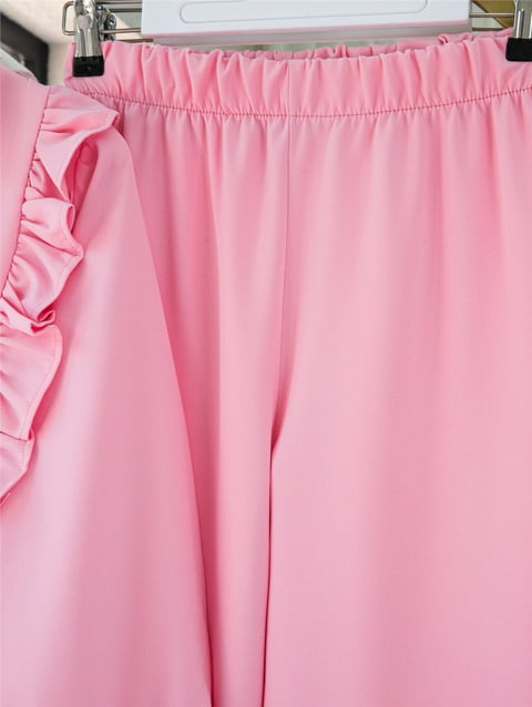 Önü Fırfırlı Bağcıklı Eteği Katlı Pantolonlu Kimono Takım    -Pembe-Takım-349-7001-R20