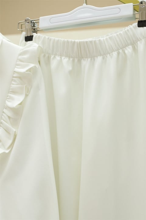 Önü Fırfırlı Bağcıklı Eteği Katlı Pantolonlu Kimono Takım   -Beyaz-Takım-349-7001-R02