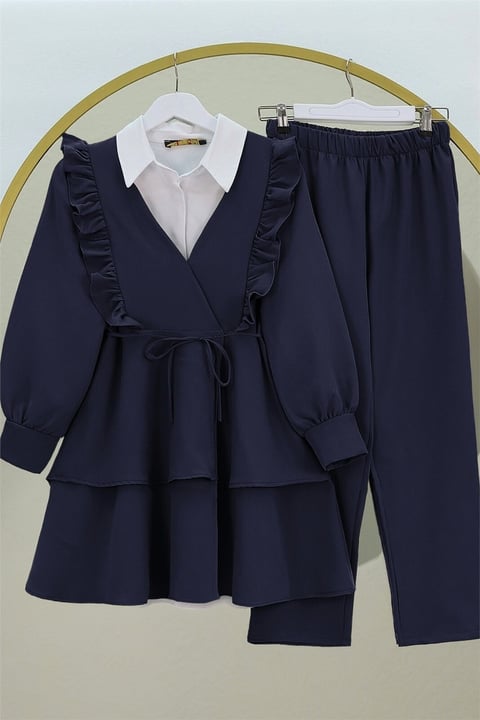 Önü Fırfırlı Bağcıklı Eteği Katlı Pantolonlu Kimono Takım  -Laci-Takım-349-7001-R03