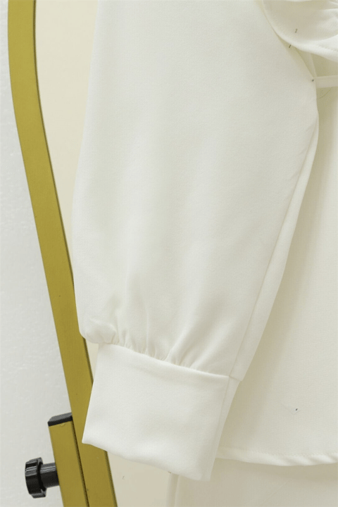 Önü Fırfırlı Bağcıklı Eteği Katlı Pantolonlu Kimono Takım   -Beyaz-Takım-349-7001-R02