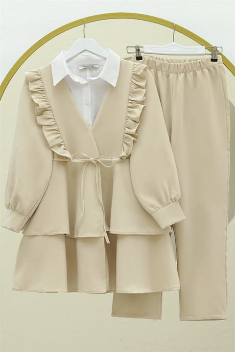 Önü Fırfırlı Bağcıklı Eteği Katlı Pantolonlu Kimono Takım  -Krem-Takım-349-7001-R28