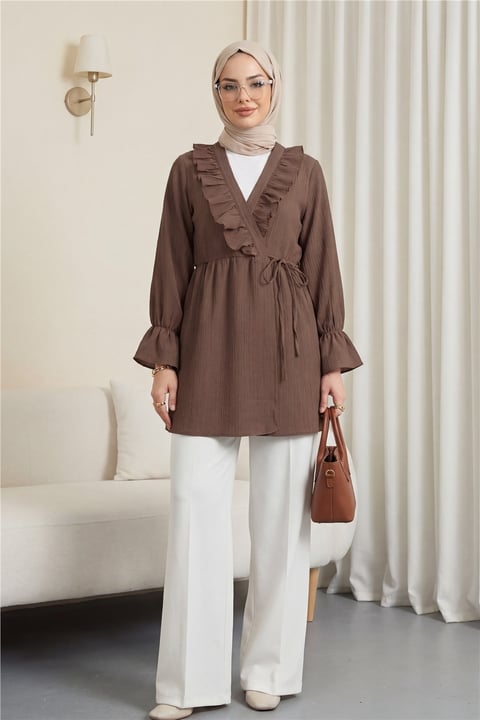 Önü Fırfırlı Bağlamalı Krinkıl Kimono -Kahve-Kimono&Kaftan-349-7005-R15