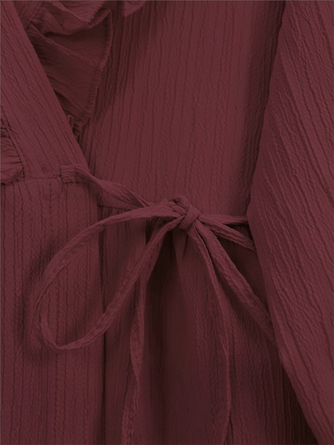 Önü Fırfırlı Bağlamalı Krinkıl Kimono -Bordo-Kimono&Kaftan-349-7005-R04