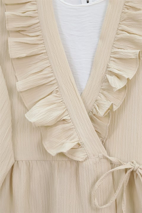 Önü Fırfırlı Bağlamalı Krinkıl Kimono -Bej-Kimono&Kaftan-349-7005-R56