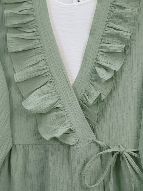 Önü Fırfırlı Bağlamalı Krinkıl Kimono -Mint-Kimono&Kaftan-349-7005-R24