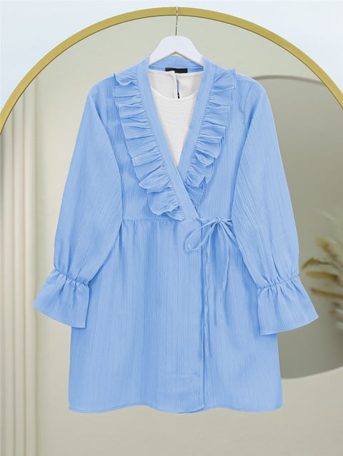 Önü Fırfırlı Bağlamalı Krinkıl Kimono   -Bebe Mavi-Kimono&Kaftan-349-7005-R32