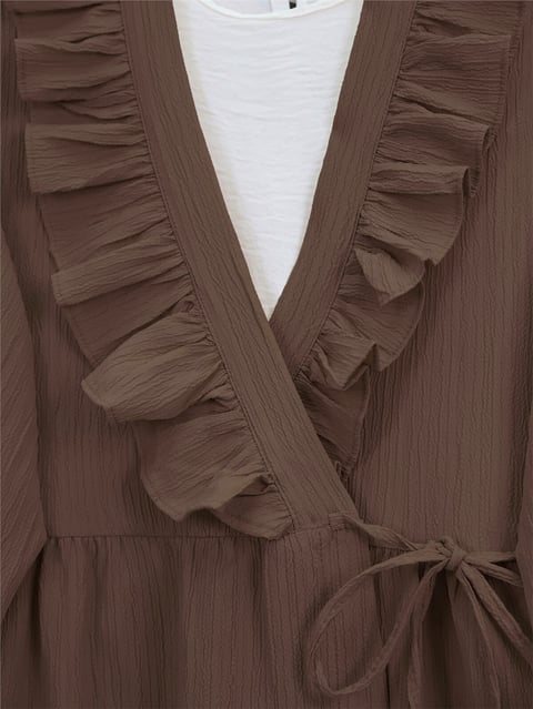 Önü Fırfırlı Bağlamalı Krinkıl Kimono -Kahve-Kimono&Kaftan-349-7005-R15