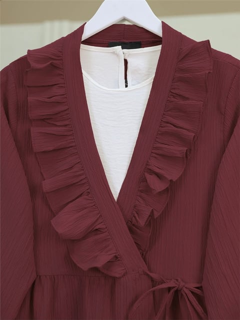 Önü Fırfırlı Bağlamalı Krinkıl Kimono -Bordo-Kimono&Kaftan-349-7005-R04
