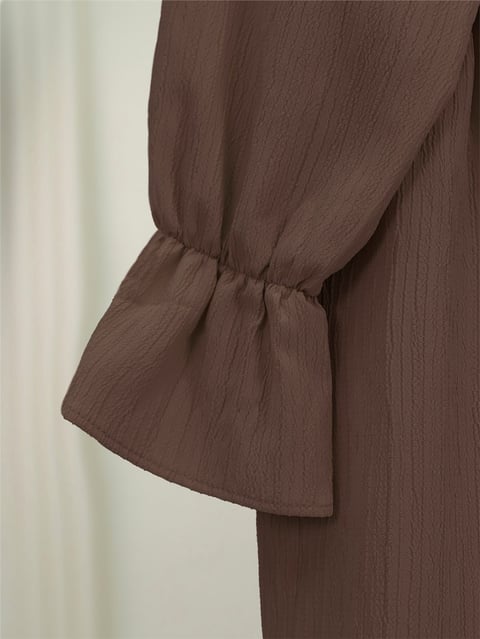Önü Fırfırlı Bağlamalı Krinkıl Kimono -Kahve-Kimono&Kaftan-349-7005-R15