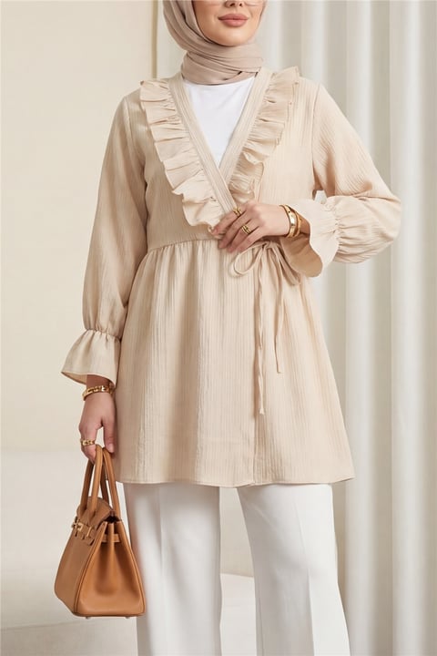 Önü Fırfırlı Bağlamalı Krinkıl Kimono -Bej-Kimono&Kaftan-349-7005-R56