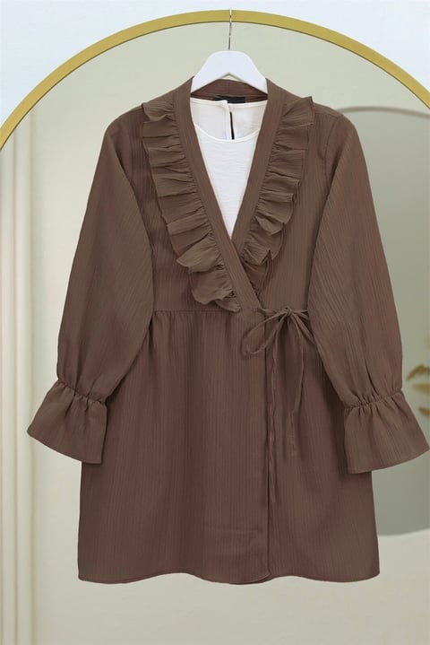Önü Fırfırlı Bağlamalı Krinkıl Kimono -Kahve-Kimono&Kaftan-349-7005-R15