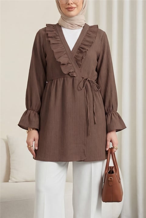 Önü Fırfırlı Bağlamalı Krinkıl Kimono -Kahve-Kimono&Kaftan-349-7005-R15