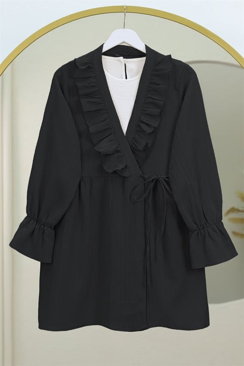 Önü Fırfırlı Bağlamalı Krinkıl Kimono -Siyah-Kimono&Kaftan-349-7005-R01