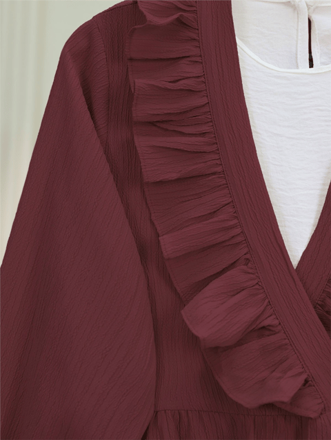 Önü Fırfırlı Bağlamalı Krinkıl Kimono -Bordo-Kimono&Kaftan-349-7005-R04