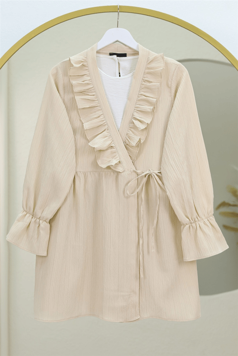 Önü Fırfırlı Bağlamalı Krinkıl Kimono -Bej-Kimono&Kaftan-349-7005-R56