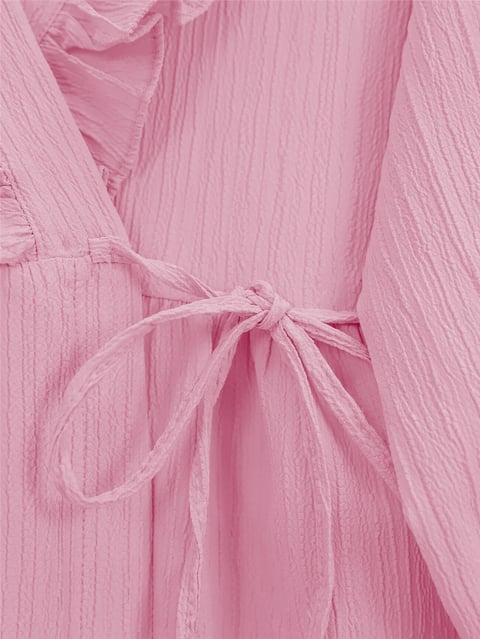 Önü Fırfırlı Bağlamalı Krinkıl Kimono   -Pembe-Kimono&Kaftan-349-7005-R20