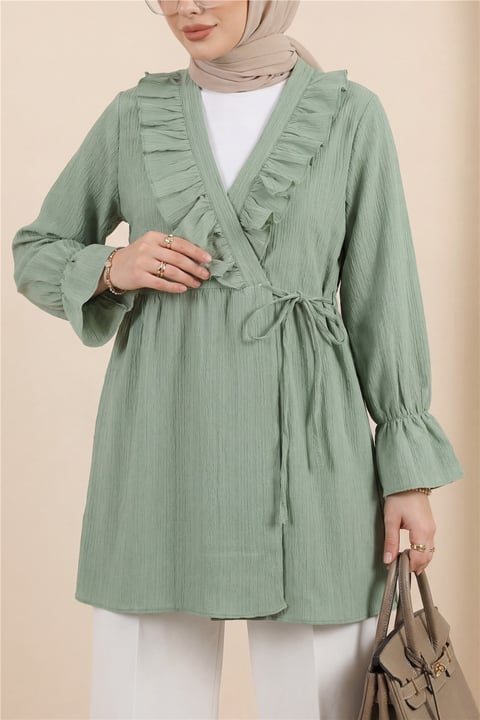 Önü Fırfırlı Bağlamalı Krinkıl Kimono -Mint-Kimono&Kaftan-349-7005-R24