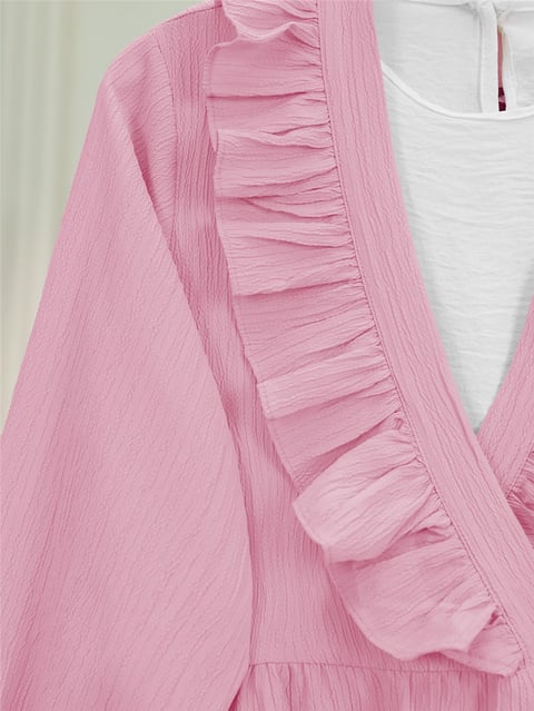 Önü Fırfırlı Bağlamalı Krinkıl Kimono   -Pembe-Kimono&Kaftan-349-7005-R20