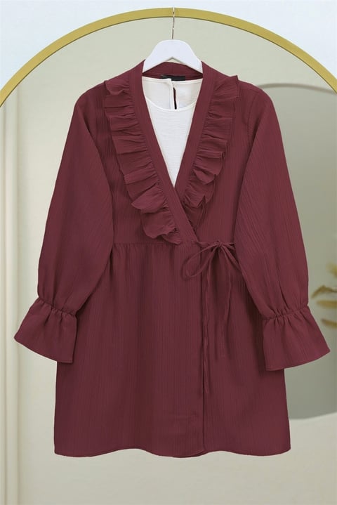 Önü Fırfırlı Bağlamalı Krinkıl Kimono -Bordo-Kimono&Kaftan-349-7005-R04