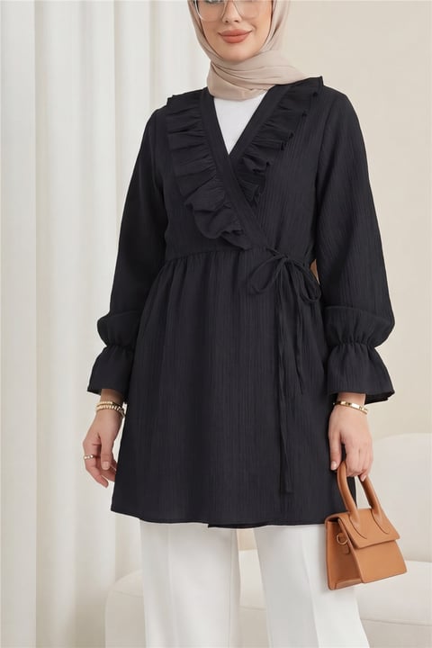 Önü Fırfırlı Bağlamalı Krinkıl Kimono -Siyah-Kimono&Kaftan-349-7005-R01