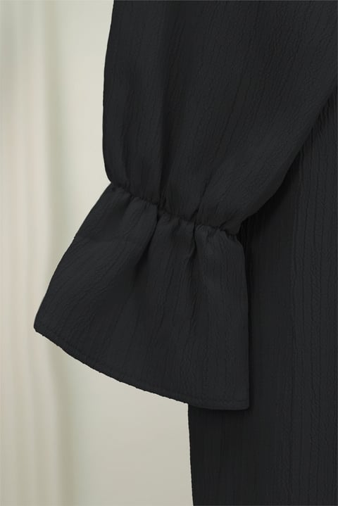 Önü Fırfırlı Bağlamalı Krinkıl Kimono -Siyah-Kimono&Kaftan-349-7005-R01