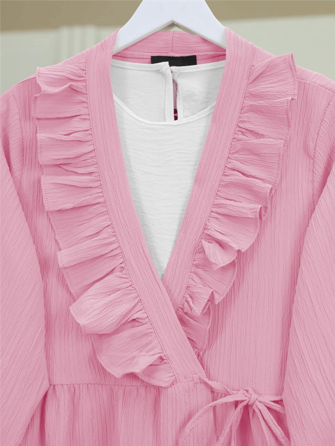 Önü Fırfırlı Bağlamalı Krinkıl Kimono   -Pembe-Kimono&Kaftan-349-7005-R20
