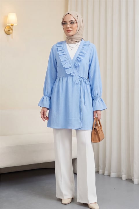 Önü Fırfırlı Bağlamalı Krinkıl Kimono   -Bebe Mavi-Kimono&Kaftan-349-7005-R32