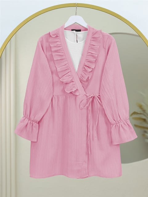 Önü Fırfırlı Bağlamalı Krinkıl Kimono   -Pembe-Kimono&Kaftan-349-7005-R20