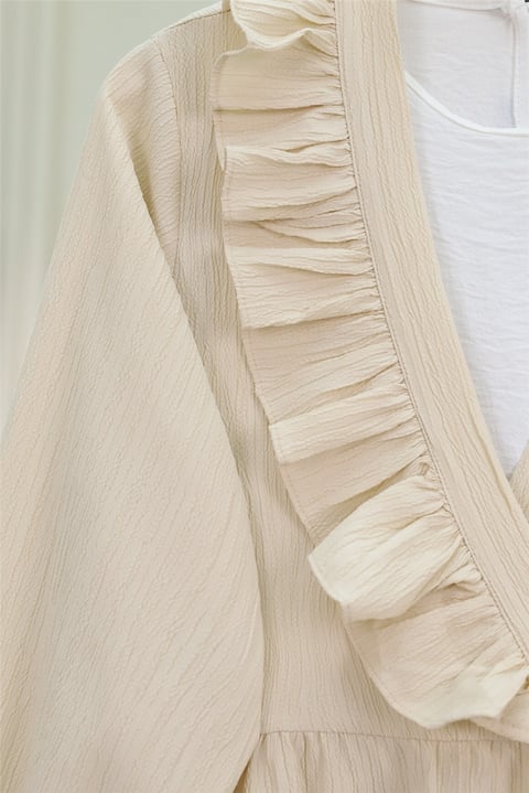 Önü Fırfırlı Bağlamalı Krinkıl Kimono -Bej-Kimono&Kaftan-349-7005-R56