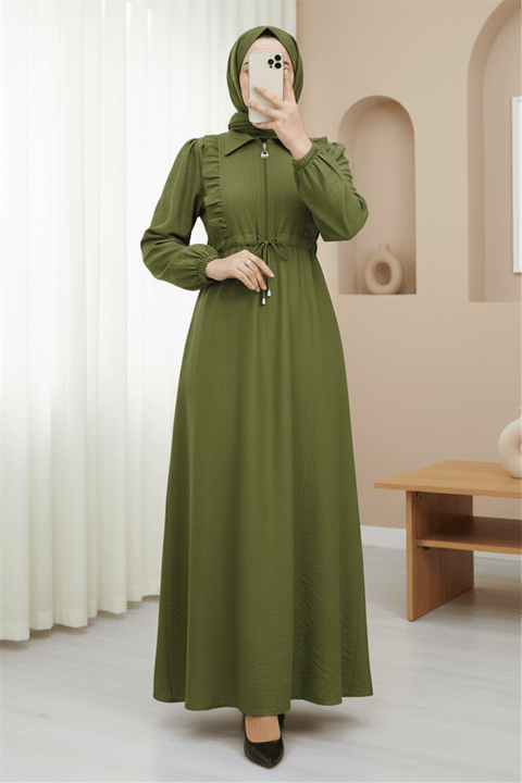 Önü Fırfırlı Yarım Düğmeli Tünel Bağcıklı Elbise  -Yağ Yeşili-Elbise-186-1702-R72