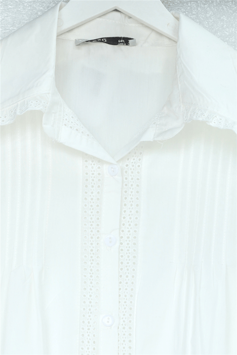 Önü Fistolu Plise Detaylı Poplin Gömlek Bluz -Beyaz-Gömlek-364-2492-R02