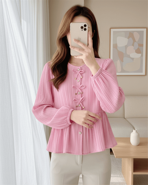 Önü Fiyonk Detaylı Düğmeli Kolu Lastikli Bluz -Pembe-Bluz-398-1043-R20