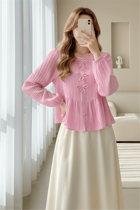 Önü Fiyonk Detaylı Düğmeli Kolu Lastikli Bluz -Pembe-Bluz-398-1043-R20