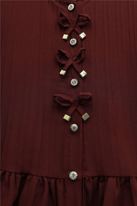 Önü Fiyonk Detaylı Düğmeli Kolu Lastikli Bluz   -Bordo-Bluz-398-1043-R04