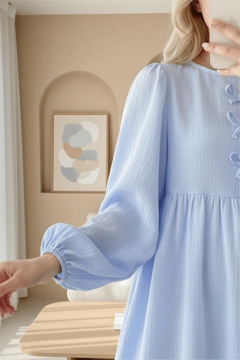 Önü Fiyonk Detaylı Kolları Lastikli Müslin Elbise -Bebe Mavi-Elbise-349-7071-R32