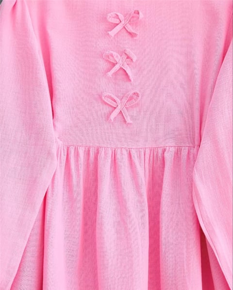 Önü Fiyonk Detaylı Kolları Lastikli Müslin Elbise -Pembe-Elbise-349-7071-R20