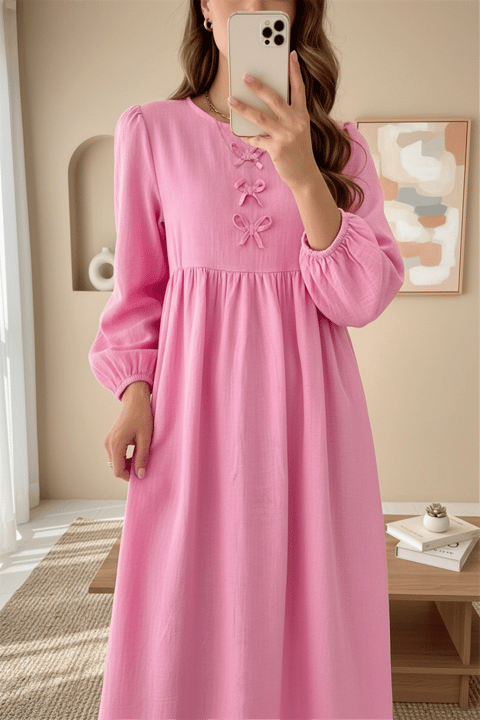 Önü Fiyonk Detaylı Kolları Lastikli Müslin Elbise -Pembe-Elbise-349-7071-R20