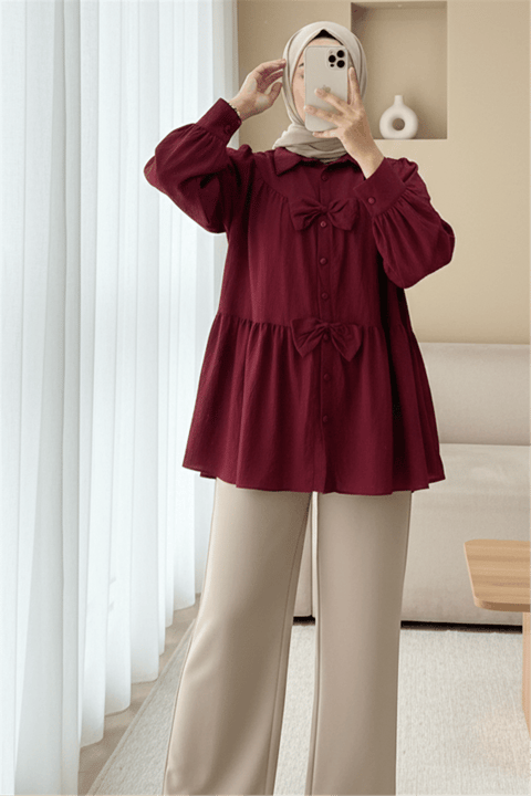 Önü Fiyonk Detaylı Parçalı Gömlek  -Bordo-Gömlek-398-1026-R04