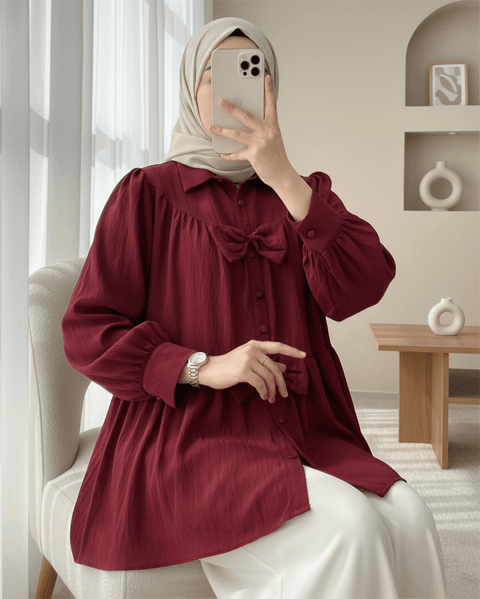 Önü Fiyonk Detaylı Parçalı Gömlek  -Bordo-Gömlek-398-1026-R04